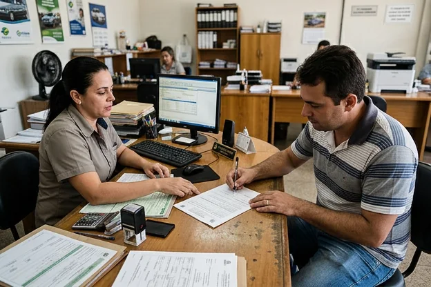 Cliente assinando documentos para transferência de veículo