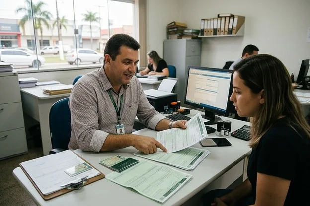 Despachante explicando documentos para primeiro emplacamento