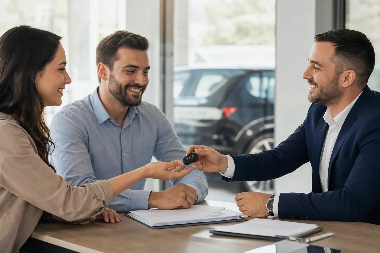 Profissional orientando cliente sobre transferência de veículo